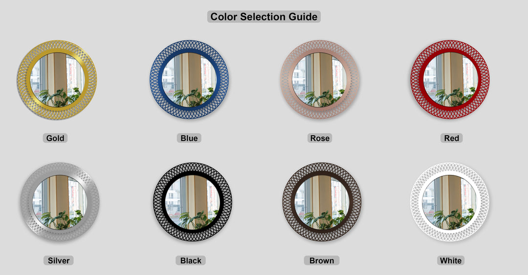 Intricate negative space formed by the geometric lattice patterns on various colored round mirror frames creates stunning decoration wall art.