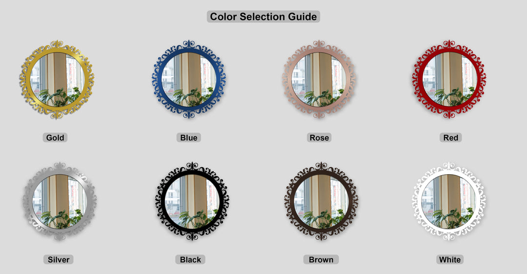 The stillness of the ornamental baroque metal artwork frames, encasing mirrors that reflect a calm window scene in various colors.