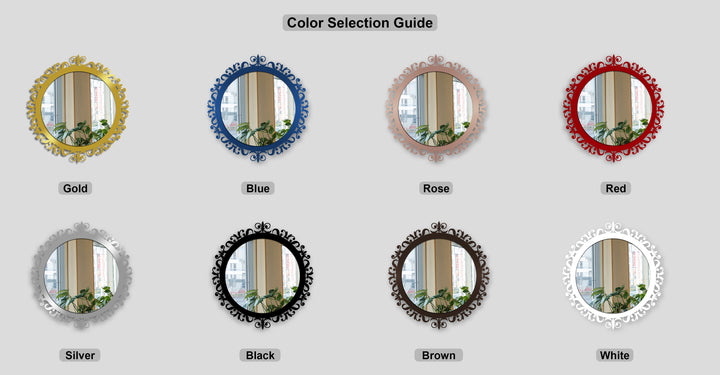 The stillness of the ornamental baroque metal artwork frames, encasing mirrors that reflect a calm window scene in various colors.