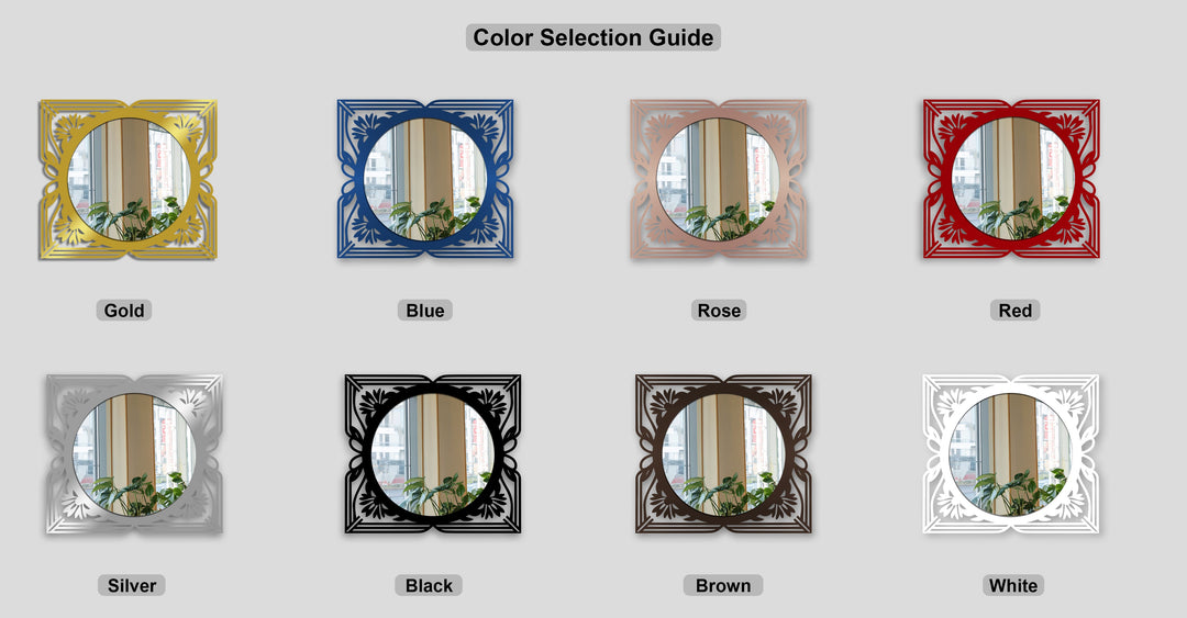 Geometric Art Deco frames characterize eight framed wall mirror color choices: gold, blue, rose, red, silver, black, brown, and white.