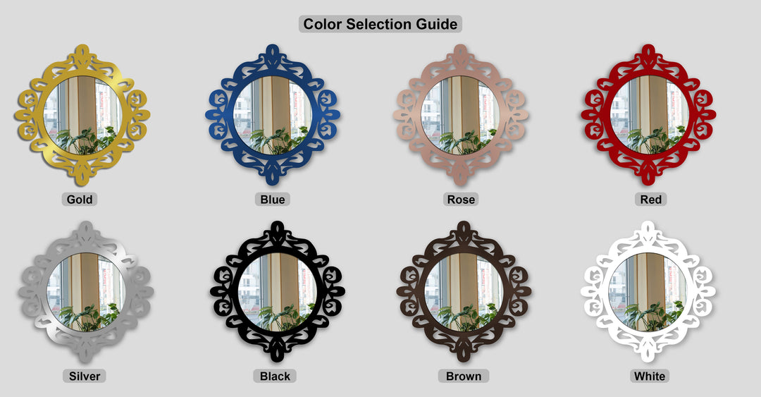 Explore diverse ornate finishes for decorating with wall mirrors, including gold, blue, rose, red, silver, black, brown, and white frames.