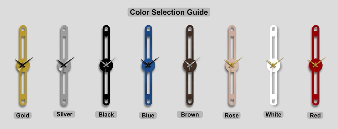 A vibrant display of unique metal wall art featuring minimalist vertical clocks in gold, silver, black, blue, brown, rose, white, and red.