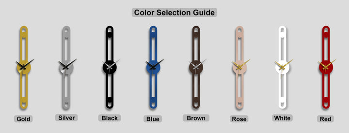 A vibrant display of unique metal wall art featuring minimalist vertical clocks in gold, silver, black, blue, brown, rose, white, and red.