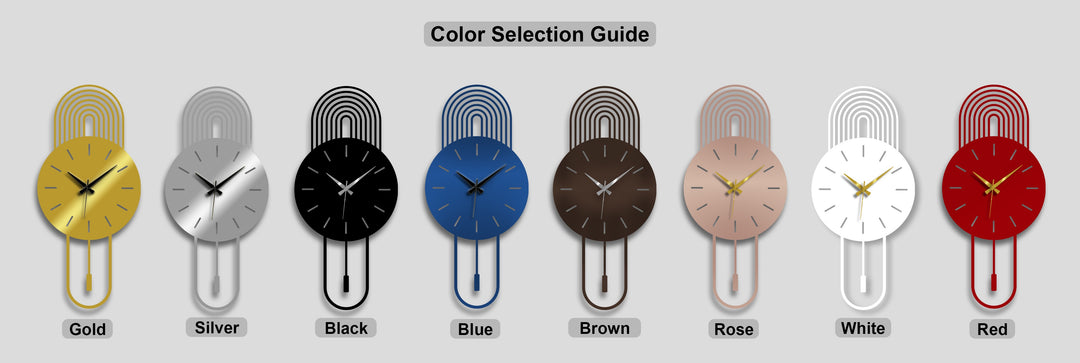 The darkest area showcases a sleek black modern arc metal wall clock, a captivating piece of minimalist metal artwork with a subtle pendulum.