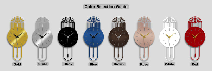 The darkest area showcases a sleek black modern arc metal wall clock, a captivating piece of minimalist metal artwork with a subtle pendulum.