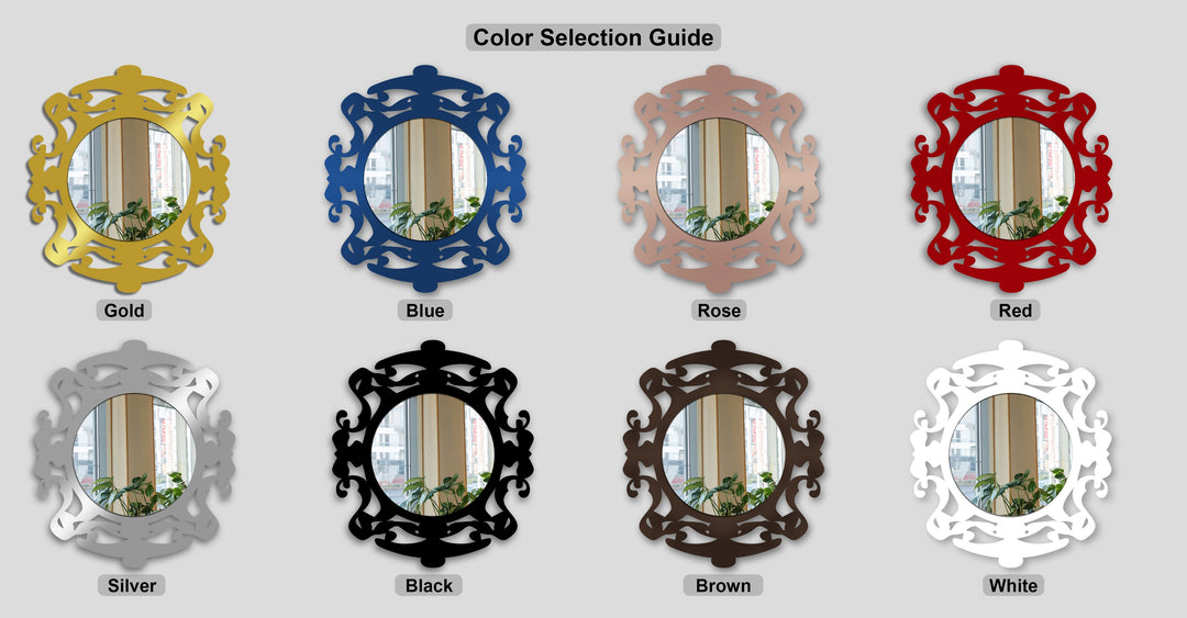 The focal point showcases eight ornate round modern mirror options in gold, blue, rose, red, silver, black, brown, and white for color selection.