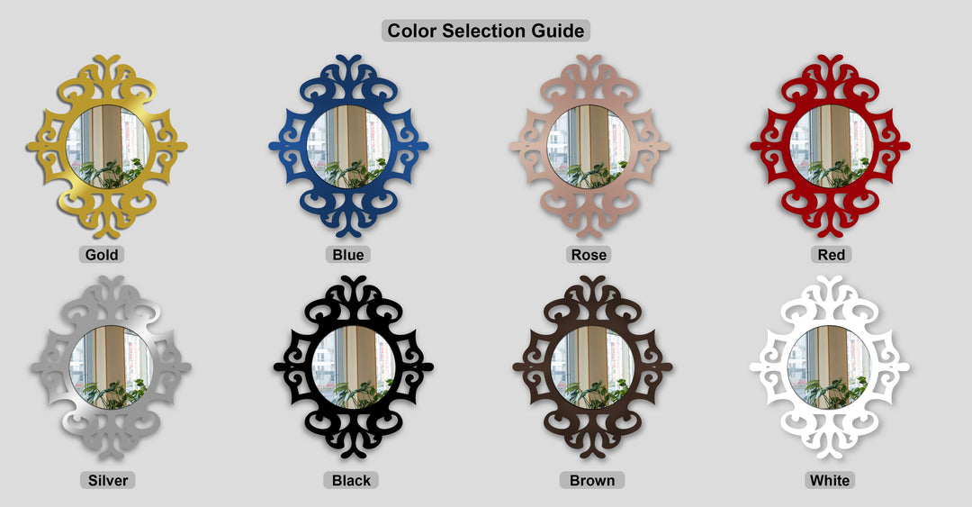 The focal point shows eight ornate, round framed wall mirrors, each with unique scroll-patterned frames in various colors, reflecting natural light.