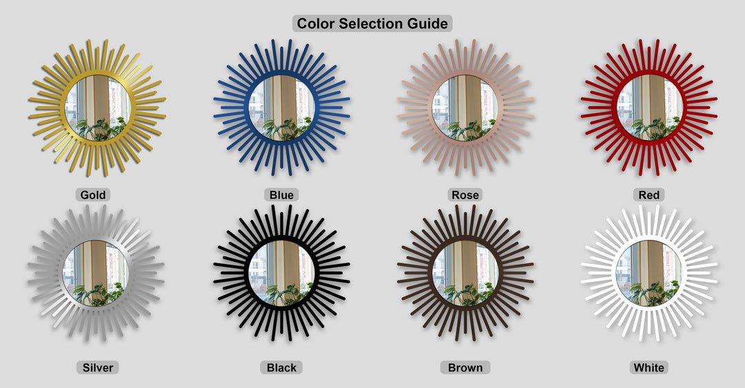 The visual rhythm of eight radiant sunburst round mirrors, showcasing diverse metal wall decor and various frame colors.