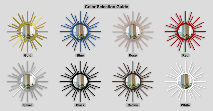 Radiating outward, the diverse sunburst modern mirror styles, including gold, blue, and black, create an energetic sense of movement.
