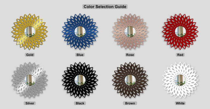 The stillness of a color selection guide for geometric flower stained glass wall mirrors, each reflecting a tranquil interior.