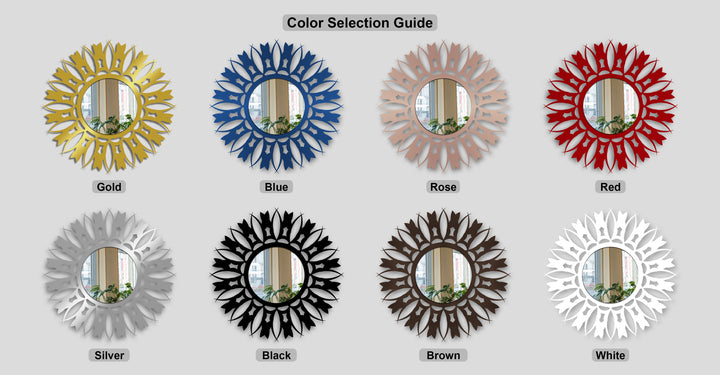 Highlighting strong color contrast, eight distinct floral sunburst round mirrors are displayed, perfect for decorating with wall mirrors.