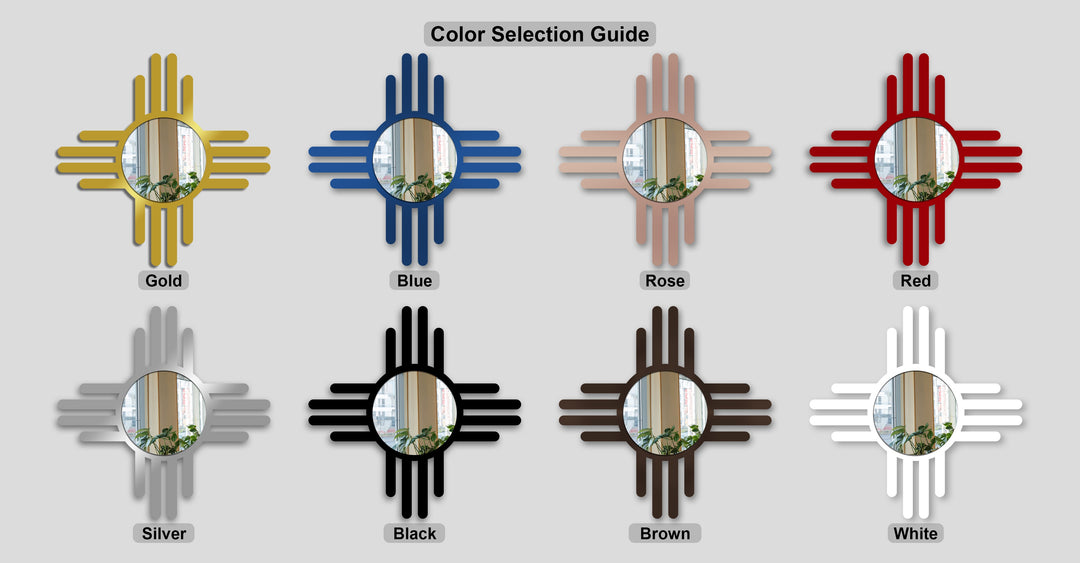 The rhythmic arrangement of eight modern Zia sun symbol mirrors for wall decor presents a striking color selection guide.