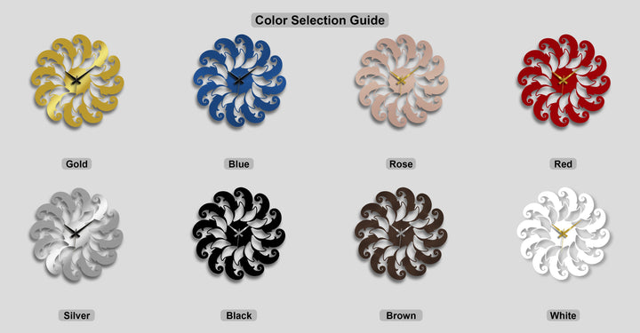 Geometric interlocking spirals form a striking circular metal wall clock design in various colors, providing elegant decoration wall art.