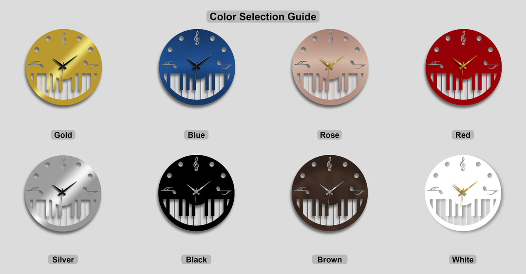The stillness of eight distinct music theme metal wall clocks, featuring piano key designs in many colors, makes stunning decoration wall art.