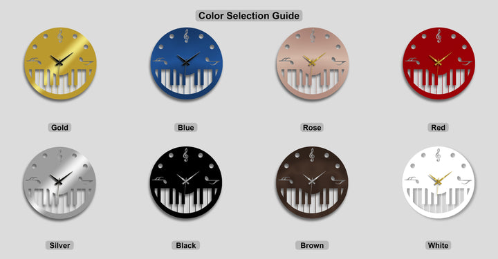The stillness of eight distinct music theme metal wall clocks, featuring piano key designs in many colors, makes stunning decoration wall art.