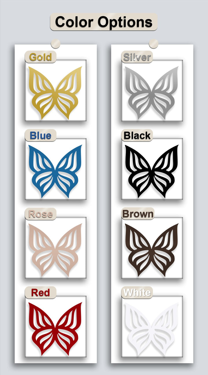 The butterfly metal wall decor options exhibit striking depth and layers, with eight distinct colored silhouettes casting subtle shadows.