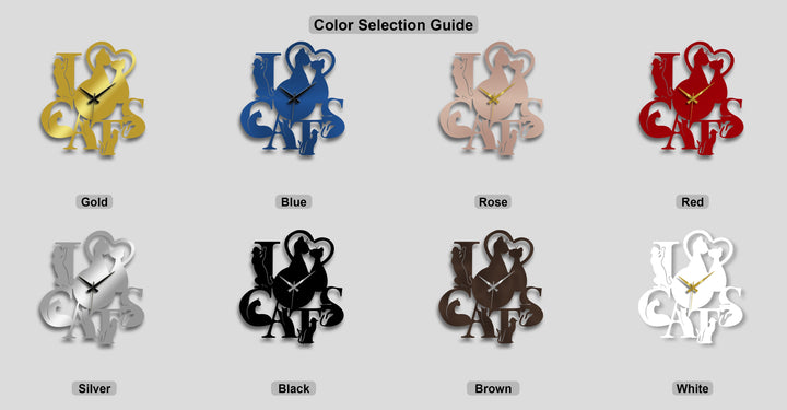 The stillness of eight distinct 'Love Cats' unique metal wall art clocks, each showcasing a romantic cat silhouette design in various serene hues.