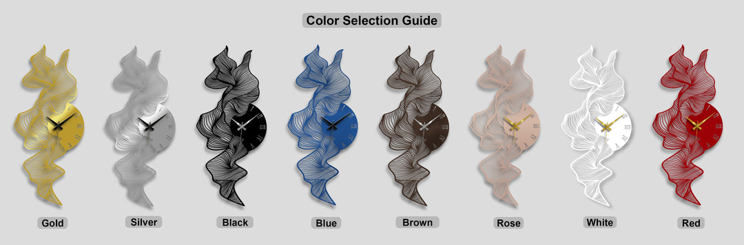 Eight vibrant flowing abstract wave decorative metal art clocks showcase diverse colors with Roman numerals and elegant hands.