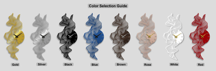 Eight vibrant flowing abstract wave decorative metal art clocks showcase diverse colors with Roman numerals and elegant hands.