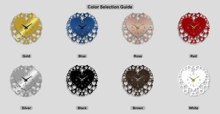 Eight distinct geometric heart-shaped unique metal wall art clocks display intricate heart frames in various hues like gold, blue, and red.