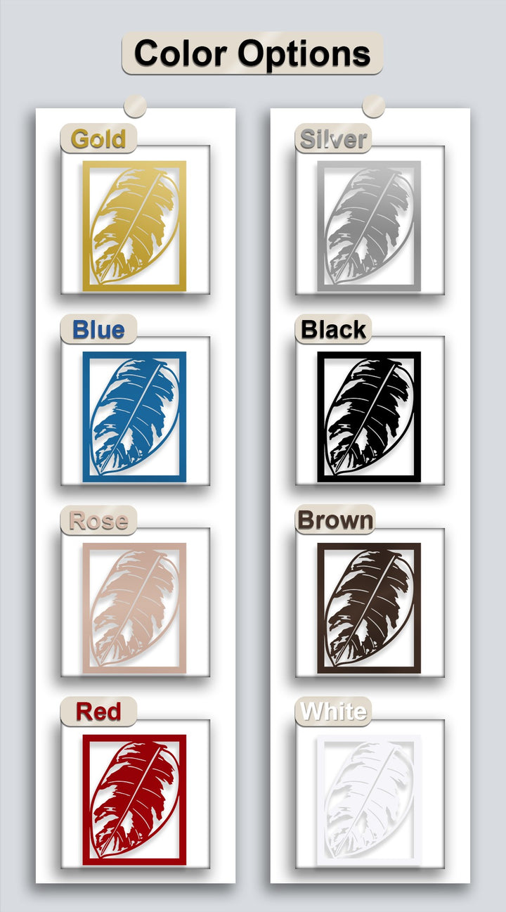 Eight tropical monstera leaf metal wall decor panels displayed in different colors including gold, silver, blue, black, rose, brown, red, and white.