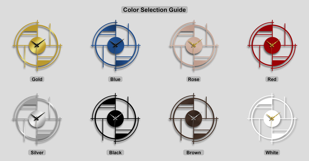 The visual rhythm of eight modern geometric circle metal artwork clocks showcases abstract line designs in a vibrant color palette.