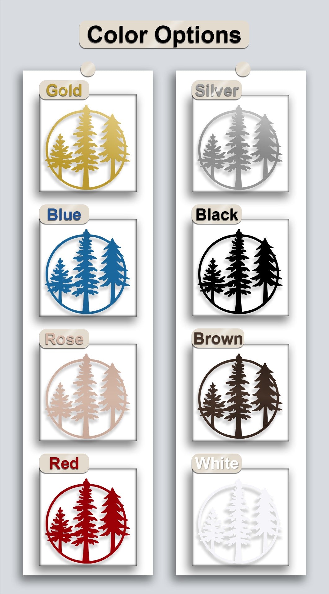 The negative space between the three pine trees and the circular border highlights the bold colors of the minimalist metal artwork.