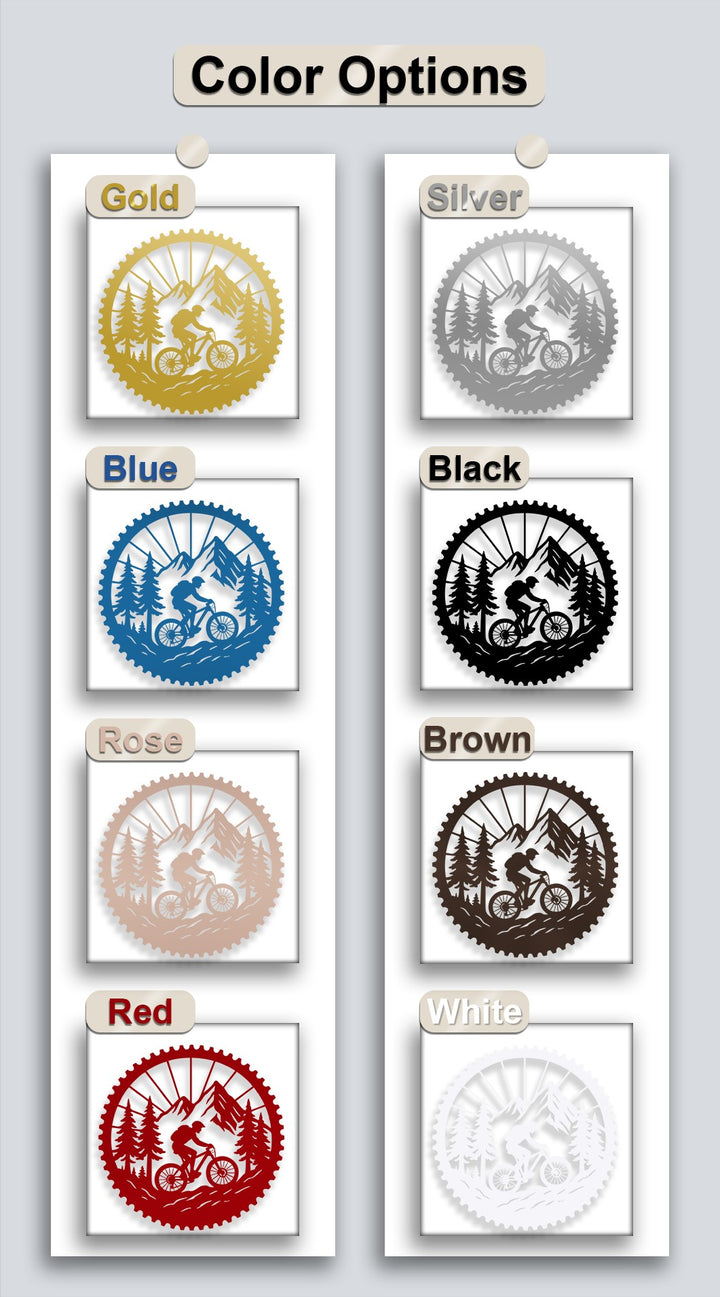 The varying colors of this mountain bike adventure metal wall art display a consistent, subtly textured matte surface, making them ideal decoration wall art.