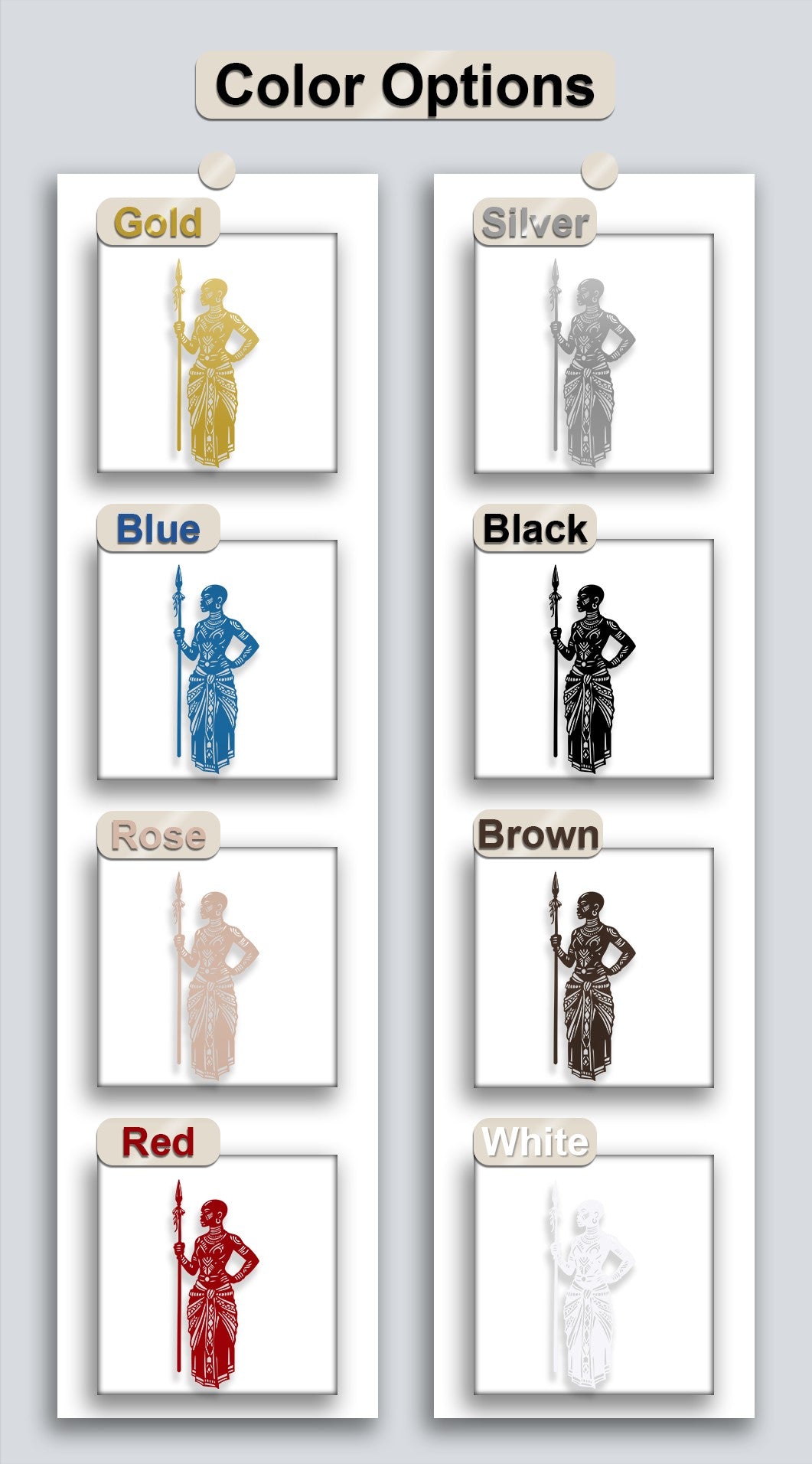 A diverse palette of color options for tribal African warrior metal artwork, including gold, silver, blue, and black finishes.