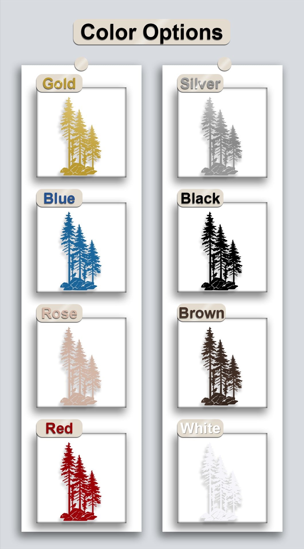 Showcasing diverse metal artwork finishes, including radiant gold, silvery grey, deep blue, rustic brown, and bold red.