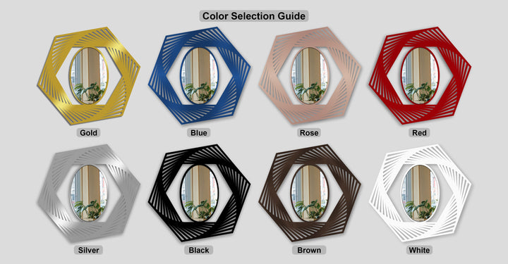 Displayed are various finish options for the dynamic hexagon illusion geometric oval floor mirror, a mirror for wall decor presented in gold, blue, rose, red, silver, black, brown, and white.
