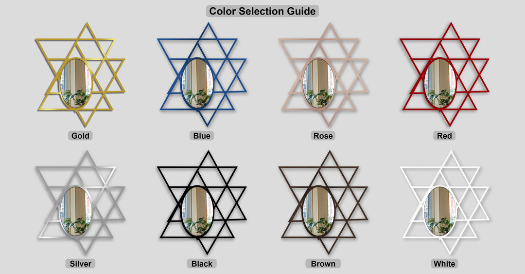 Showcasing the layering effect, this geometric mirror features intersecting triangles that create a dynamic, three-dimensional metal artwork for decorating with wall mirrors.