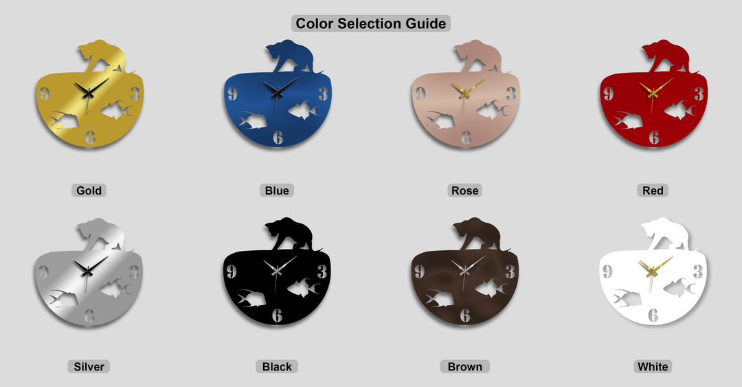 Eight colorful metal art for wall clocks, each a distinct cat and fishbowl design exhibiting layered depth from subtle shadowing.
