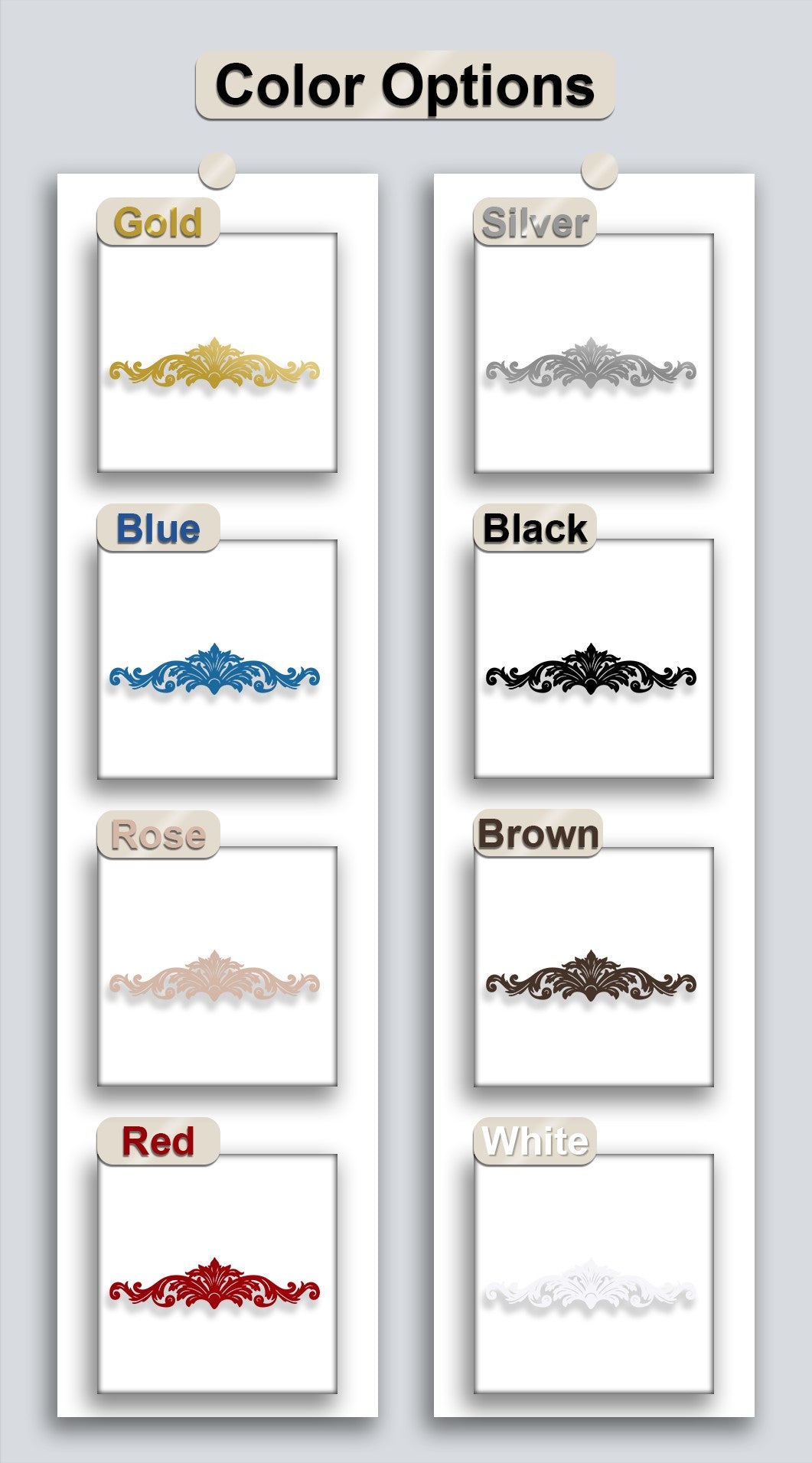 The organic forms of an intricate regal flourish ornamental scroll metal wall decor are showcased in multiple elegant color options.