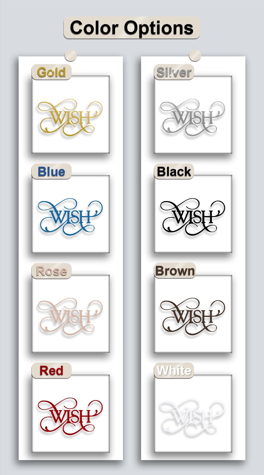 Highlighting depth and layers, various color options for the elegant 'Wish' script unique metal wall art are shown, each casting a distinct shadow.