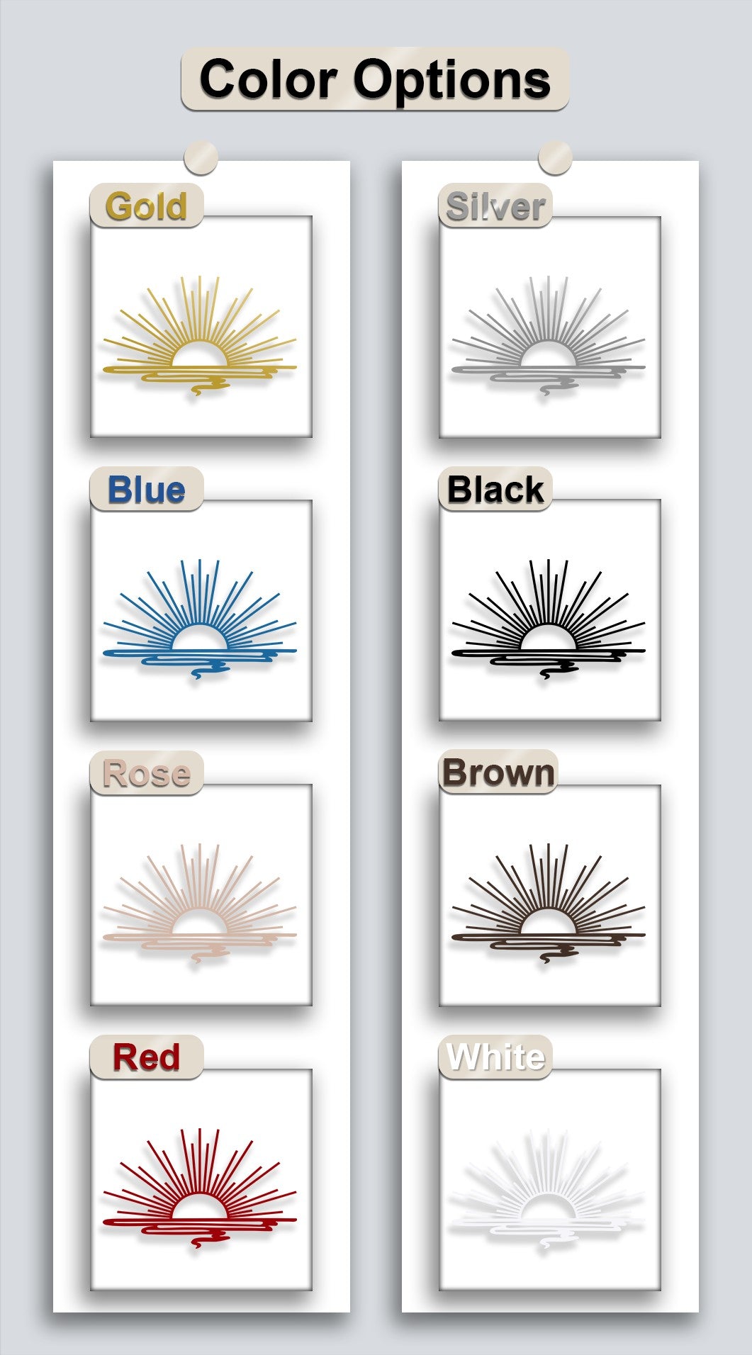 Showcasing realistic detail, this decorative metal art offers the Radiant Horizon minimalist sunrise design in eight vibrant color options.