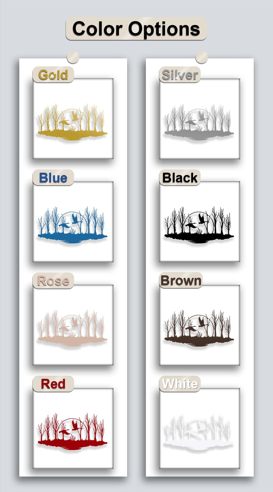 The darkest area reveals a striking black silhouette of flying birds within a serene marsh and forest scene, a captivating metal wall decor.