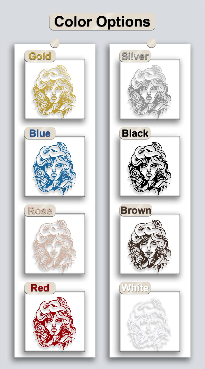 The foreground showcases multiple color options for the striking Medusa metal wall decor, including shimmering gold, vivid blue, and stark black.