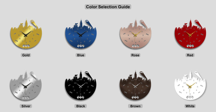 Visual rhythm of eight unique metal wall art clocks, each a dark city hero theme in a distinct color, forming a harmonious display.
