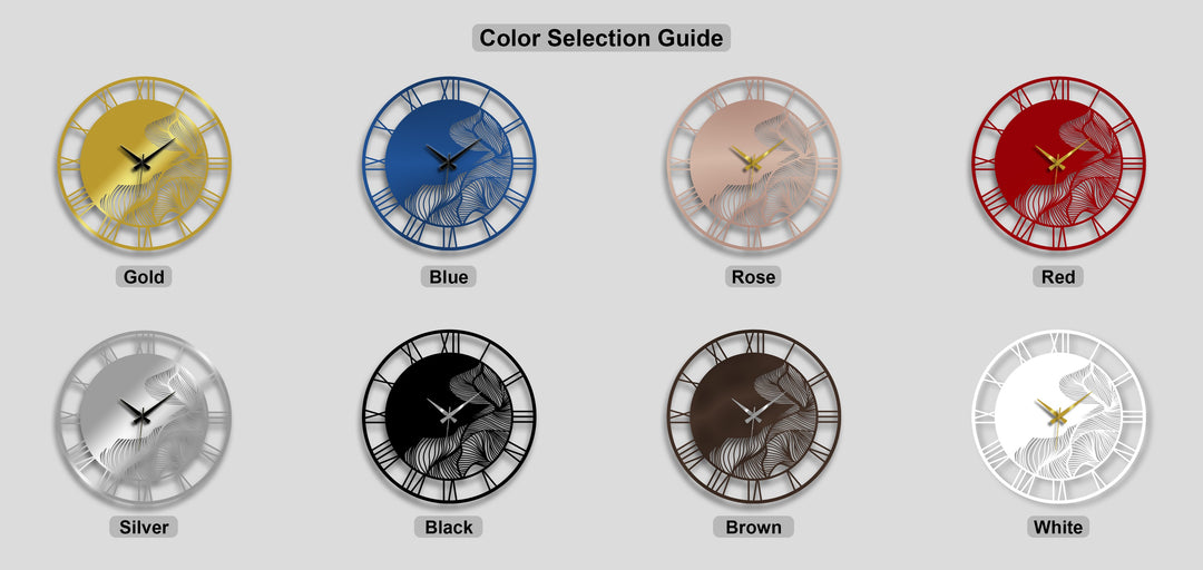The layered Roman numeral and abstract leaf patterns of these unique metal wall art clocks create visual depth across eight color options.
