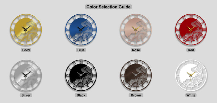 The layered Roman numeral and abstract leaf patterns of these unique metal wall art clocks create visual depth across eight color options.