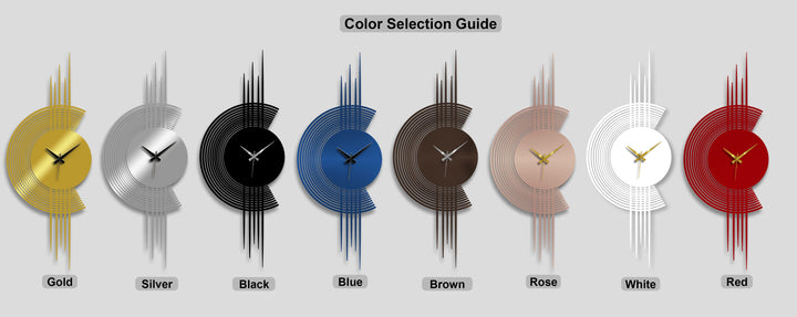 The focal point is a display of eight modern arc line metal wall clocks, showcasing gold, silver, black, blue, brown, rose, white, and red decoration wall art.
