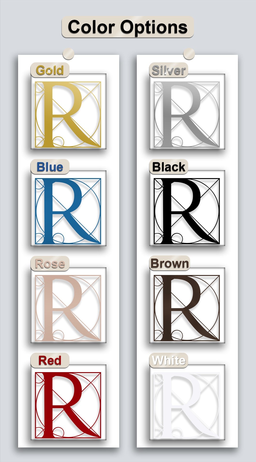 The abstract, geometric framework of the Letter R metal wall decor features intricate architectural lines in various metallic and solid finishes.