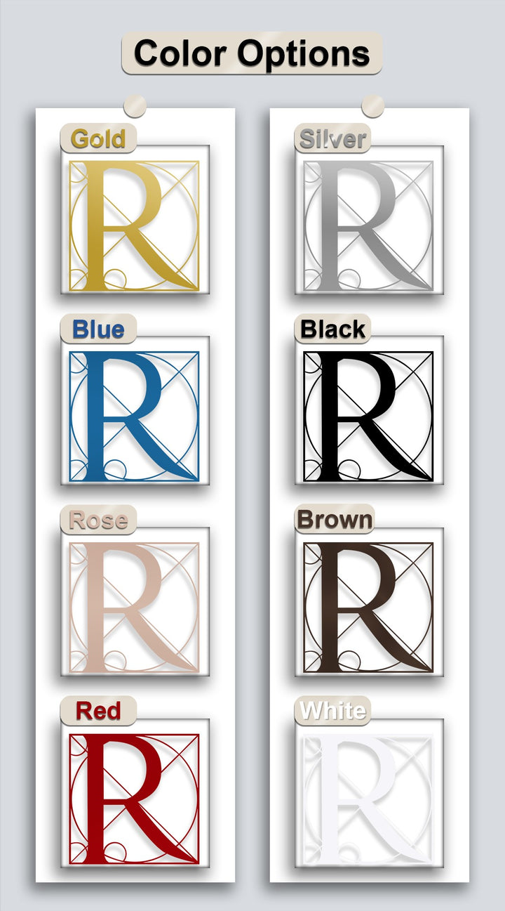 The abstract, geometric framework of the Letter R metal wall decor features intricate architectural lines in various metallic and solid finishes.