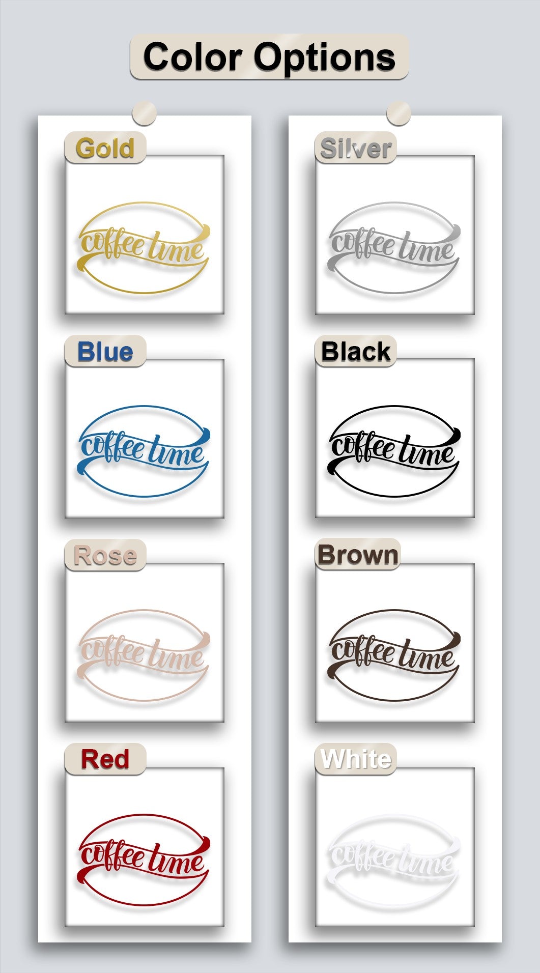 Color saturation variations are prominently displayed across eight distinct decorative metal art options for the Coffee Time metal wall art.