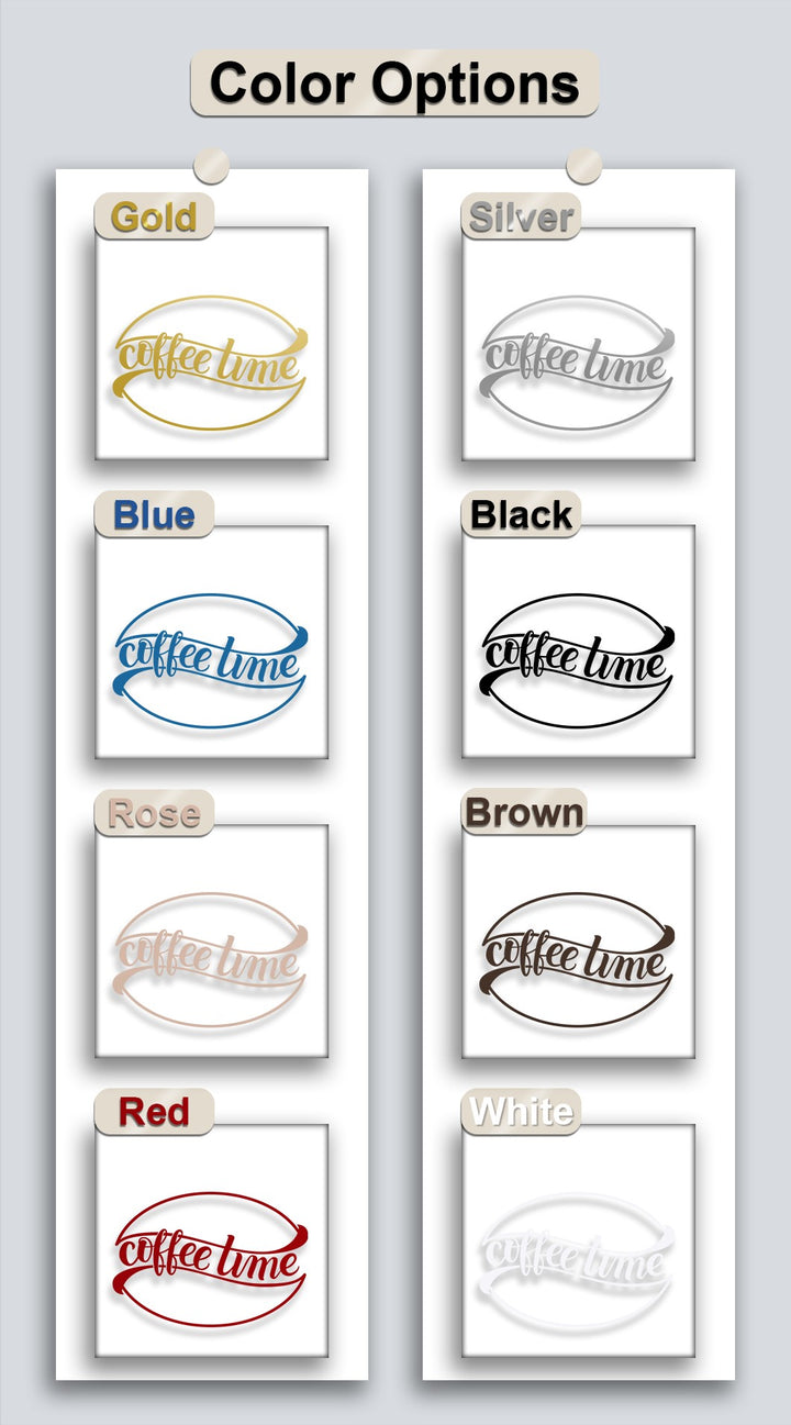 Color saturation variations are prominently displayed across eight distinct decorative metal art options for the Coffee Time metal wall art.