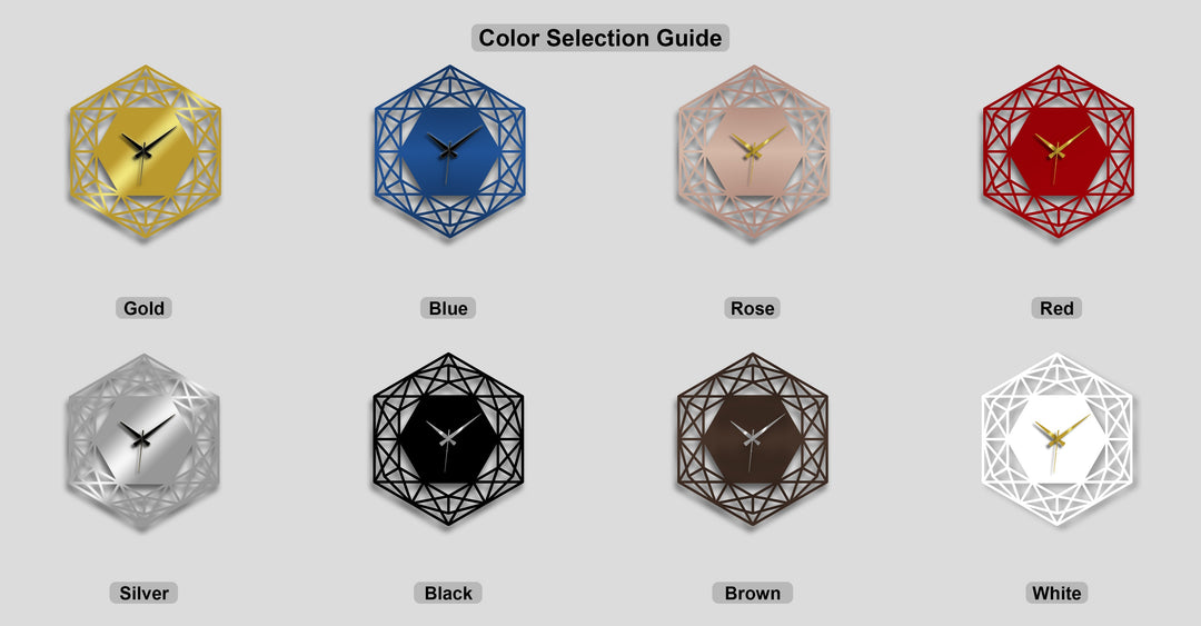 Delicate shadows cast by eight varied geometric hexagon metal artwork clocks, highlighting their modern minimalist design and diverse color selection.