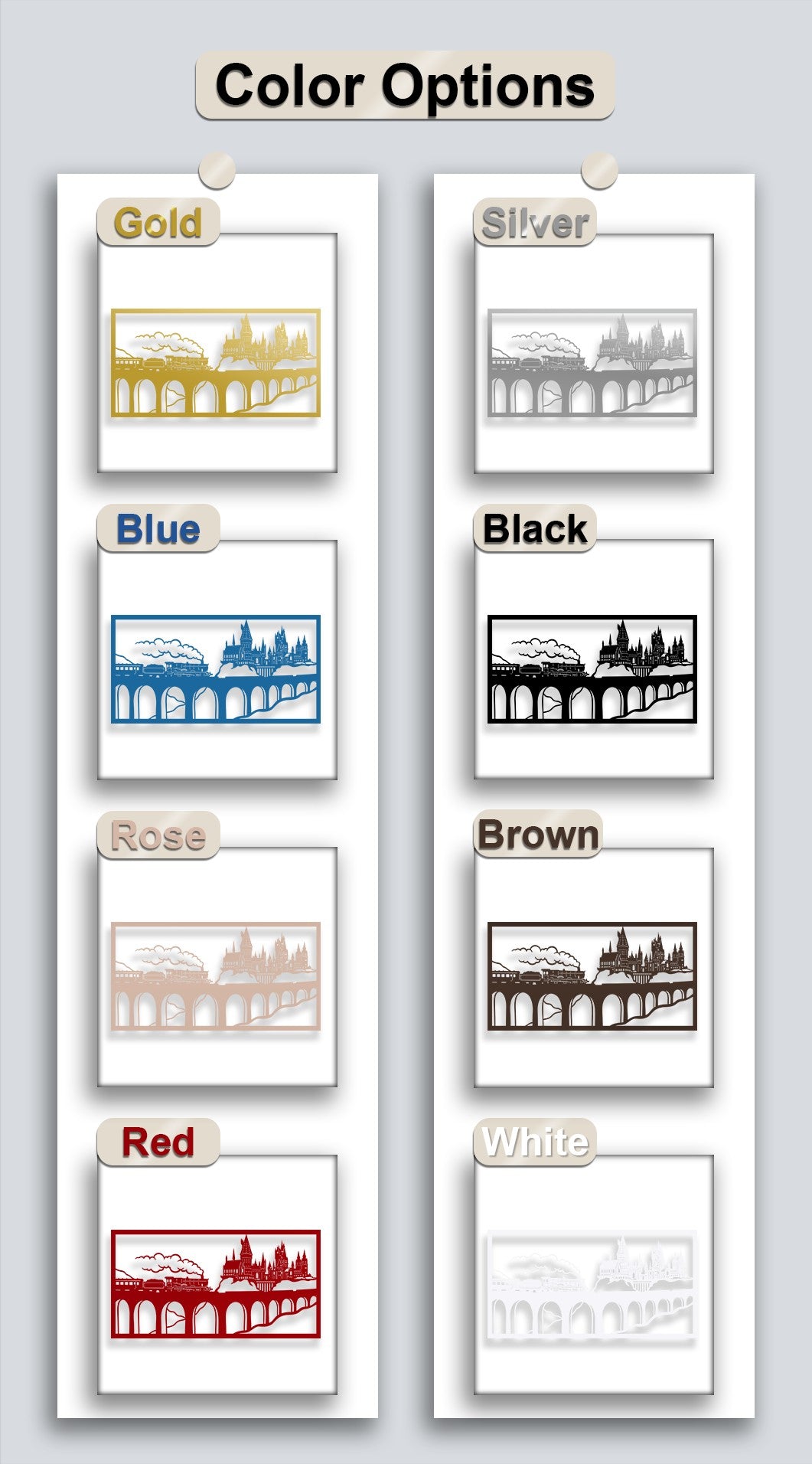 This Wizard Castle Train Scene metal artwork displays various color options, from gold and blue to silver and black, illustrating design flexibility.