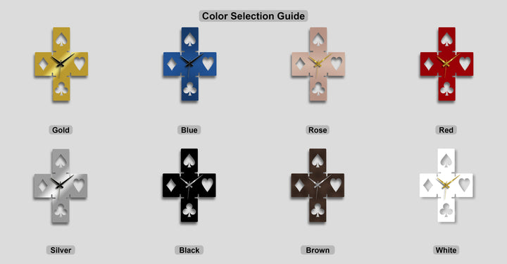 The varied colors of this playing card symbols metal art for wall clock display the fluid motion of time across modern geometric designs.