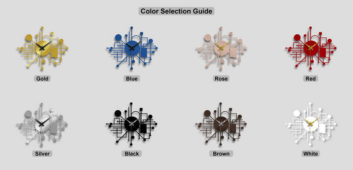 The varying color saturation across eight abstract geometric metal art for wall clocks, showcasing rich, distinct hues from gold to black and white.